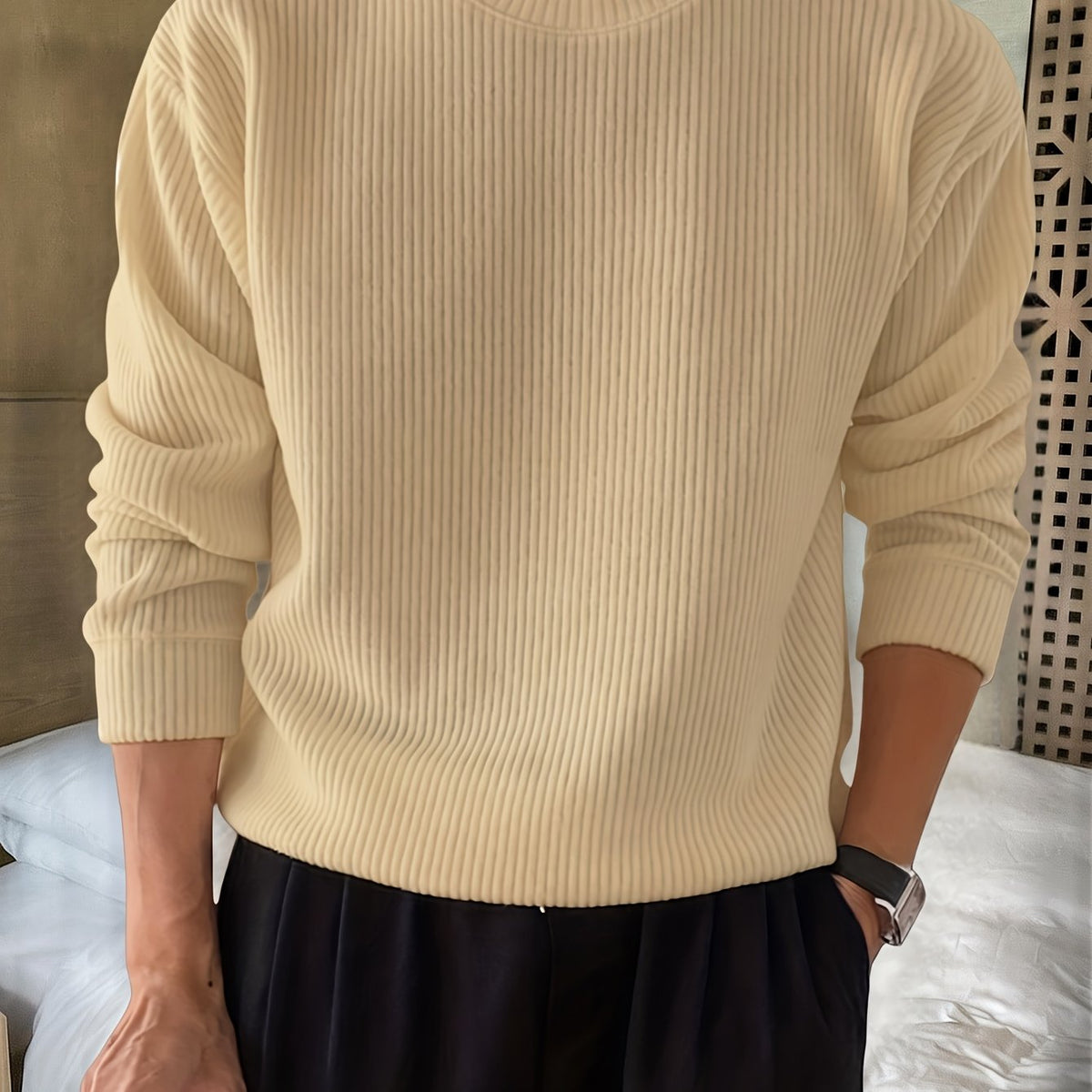 Maglione Uomo Girocollo a Coste Beige