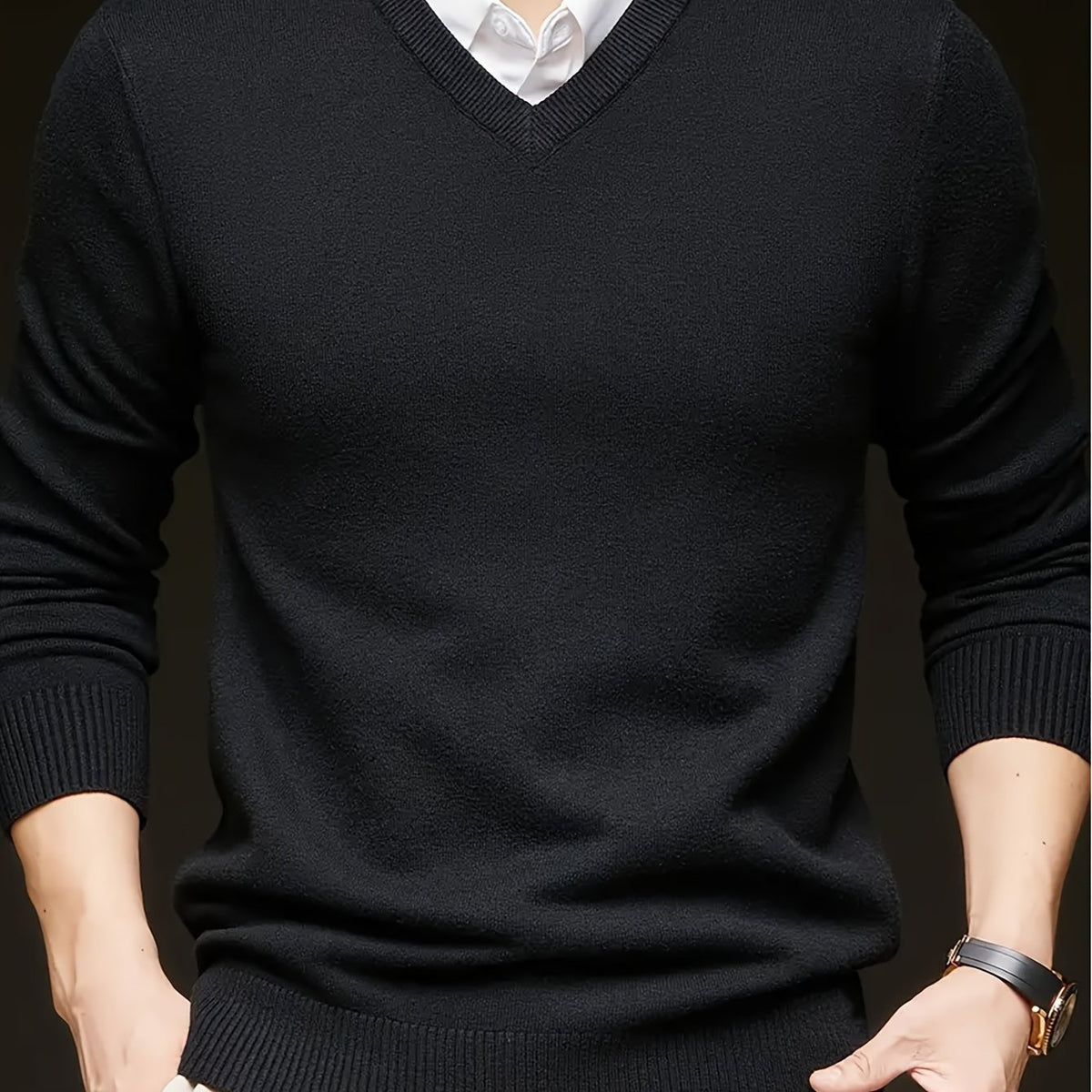Maglione Uomo Scollo a V in Maglia Liscia Nero
