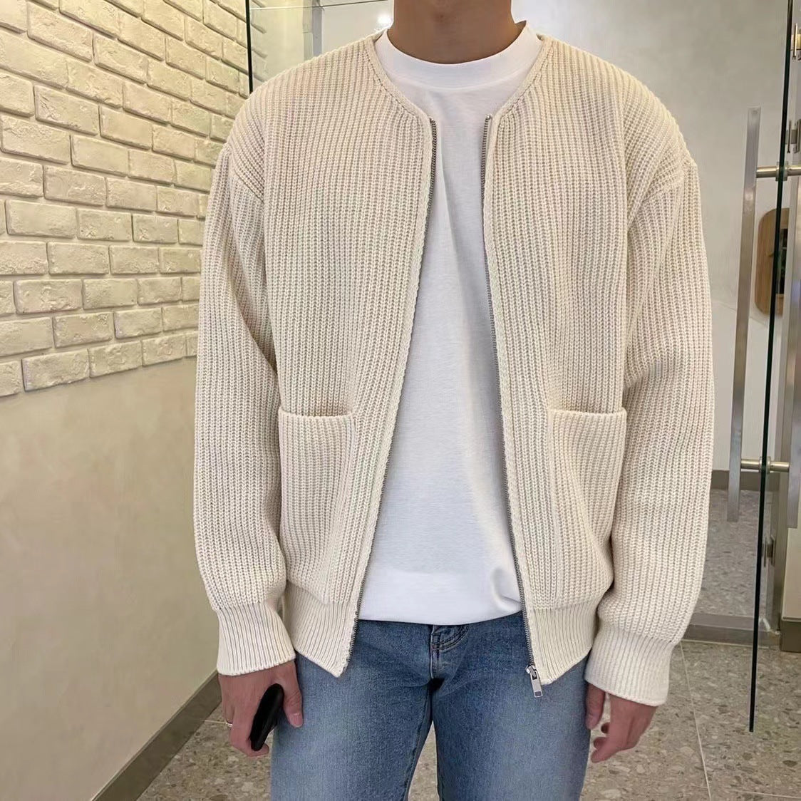 Giacca Cardigan Uomo in Maglia Grossa Panna
