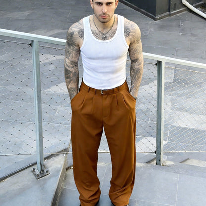 Pantaloni Larghi Uomo con Doppia Pince Cuoio