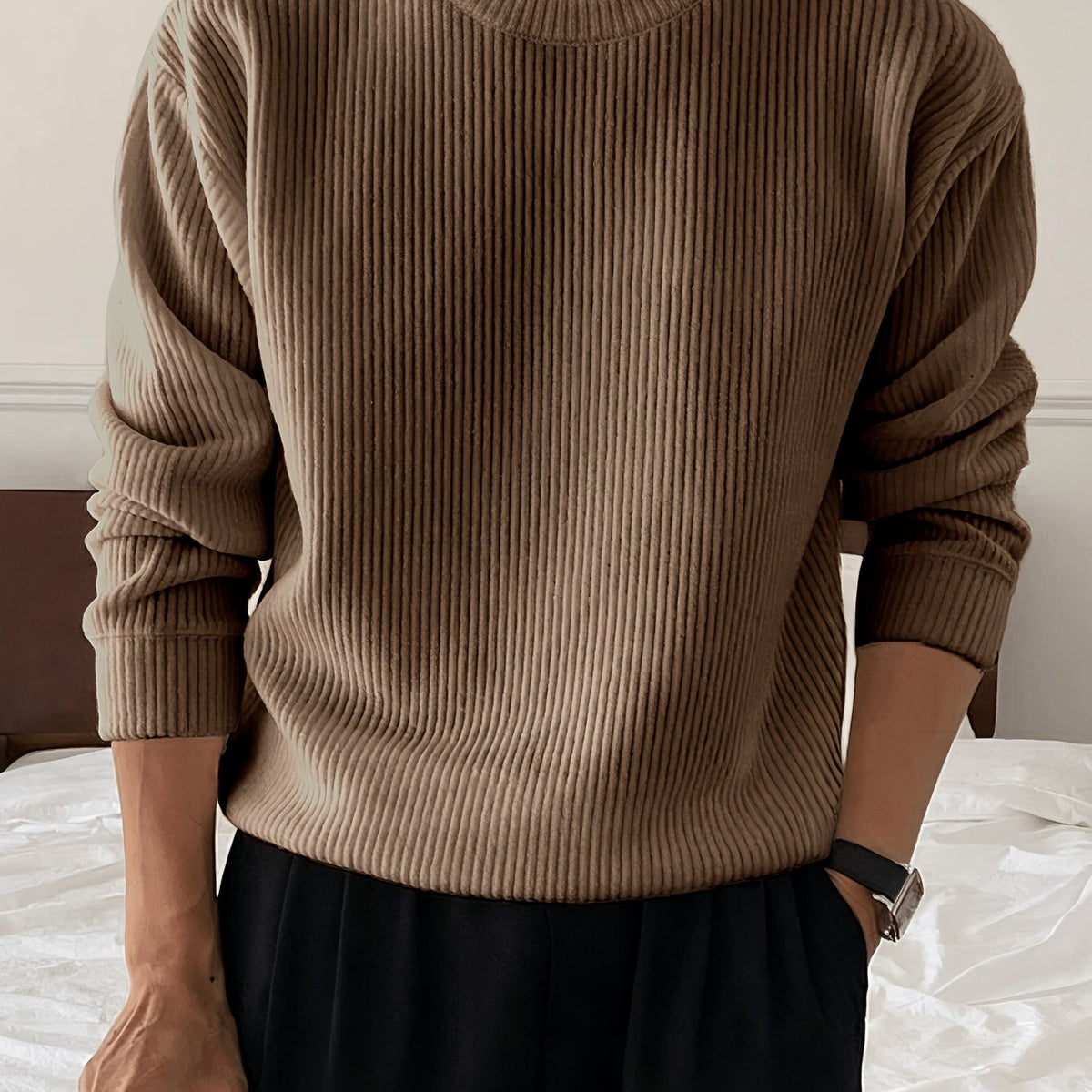 Maglione Uomo Girocollo a Coste Marrone