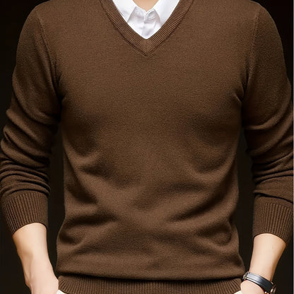 Maglione Uomo Scollo a V in Maglia Liscia Marrone