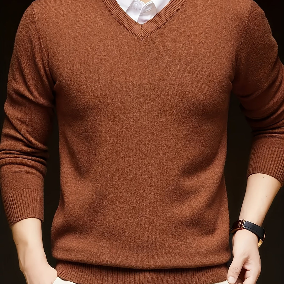Maglione Uomo Scollo a V in Maglia Liscia Ruggine
