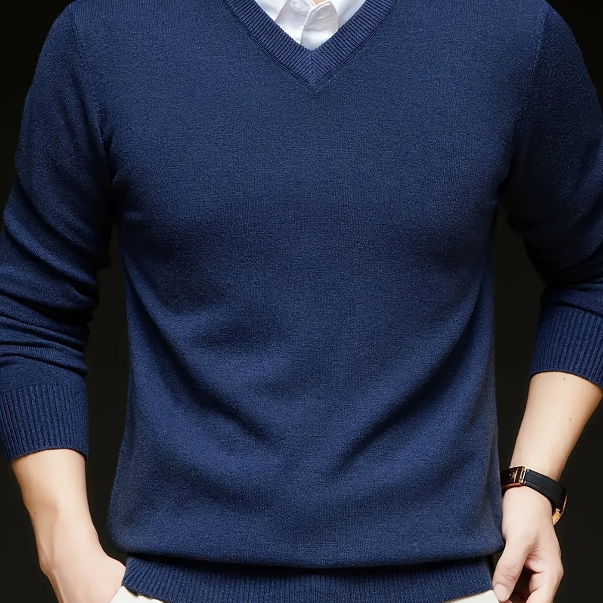Maglione Uomo Scollo a V in Maglia Liscia Blu Navy