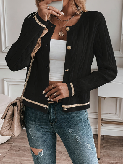 Cardigan Corto Donna a Trecce con Bottoni Dorati – Nero