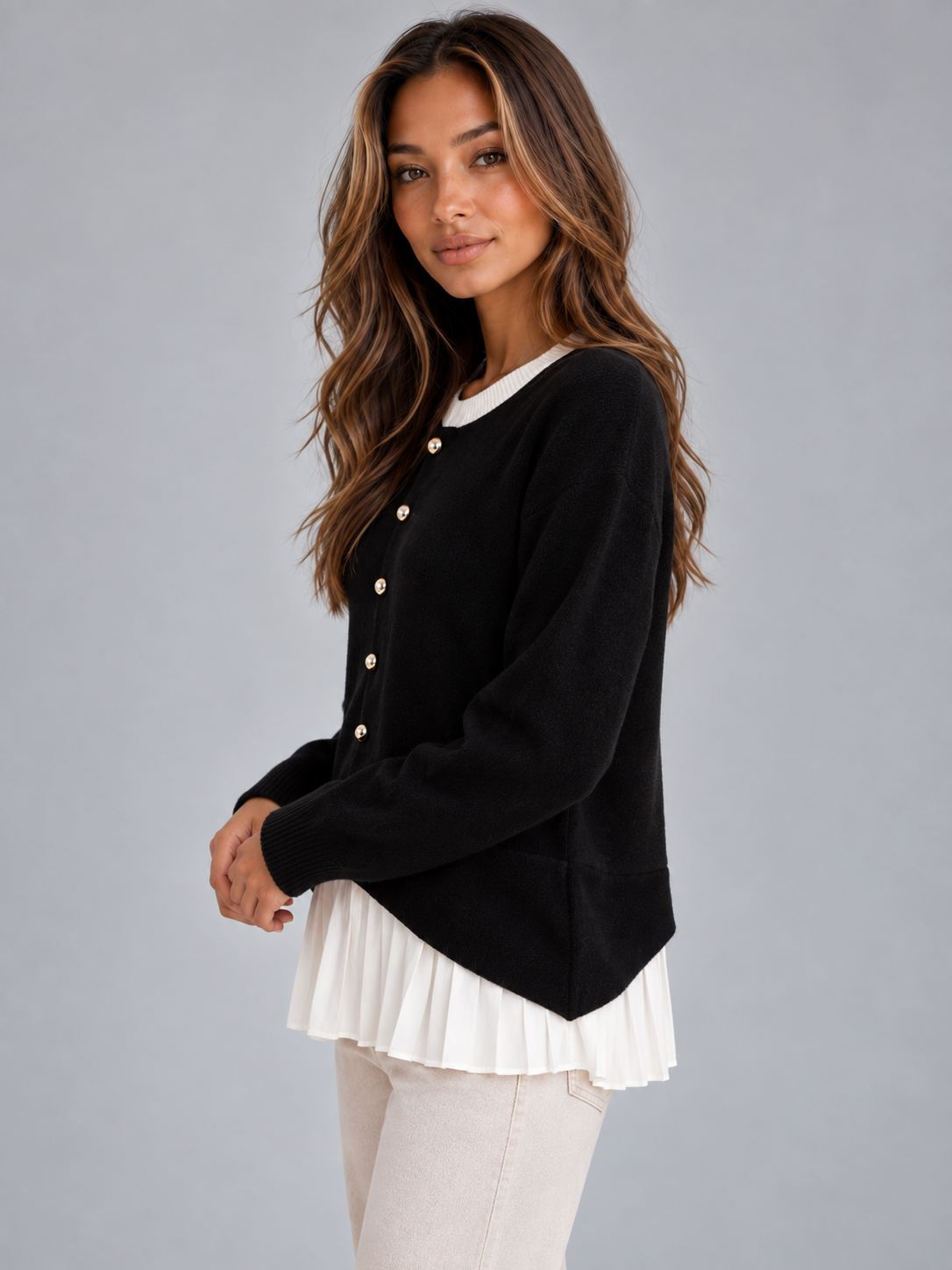 Cardigan Donna Effetto Camicia con Orlo Plissettato – Nero