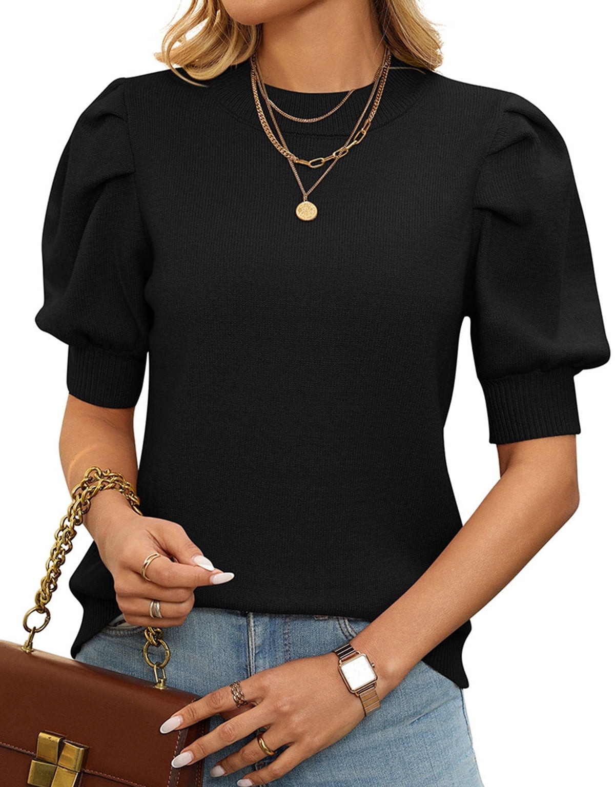 Puff sleeve knit sweater in black