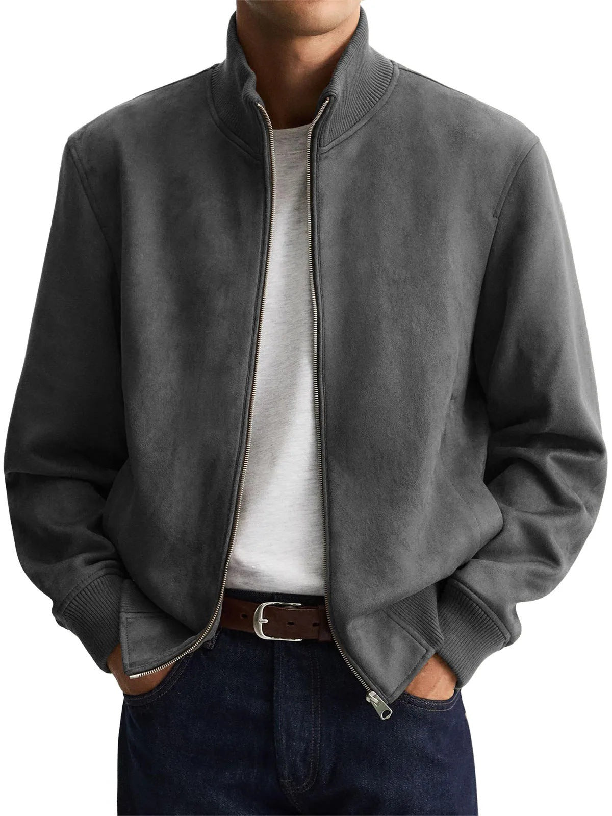 Giacca Uomo Effetto Camoscio con Collo Alto Grigio