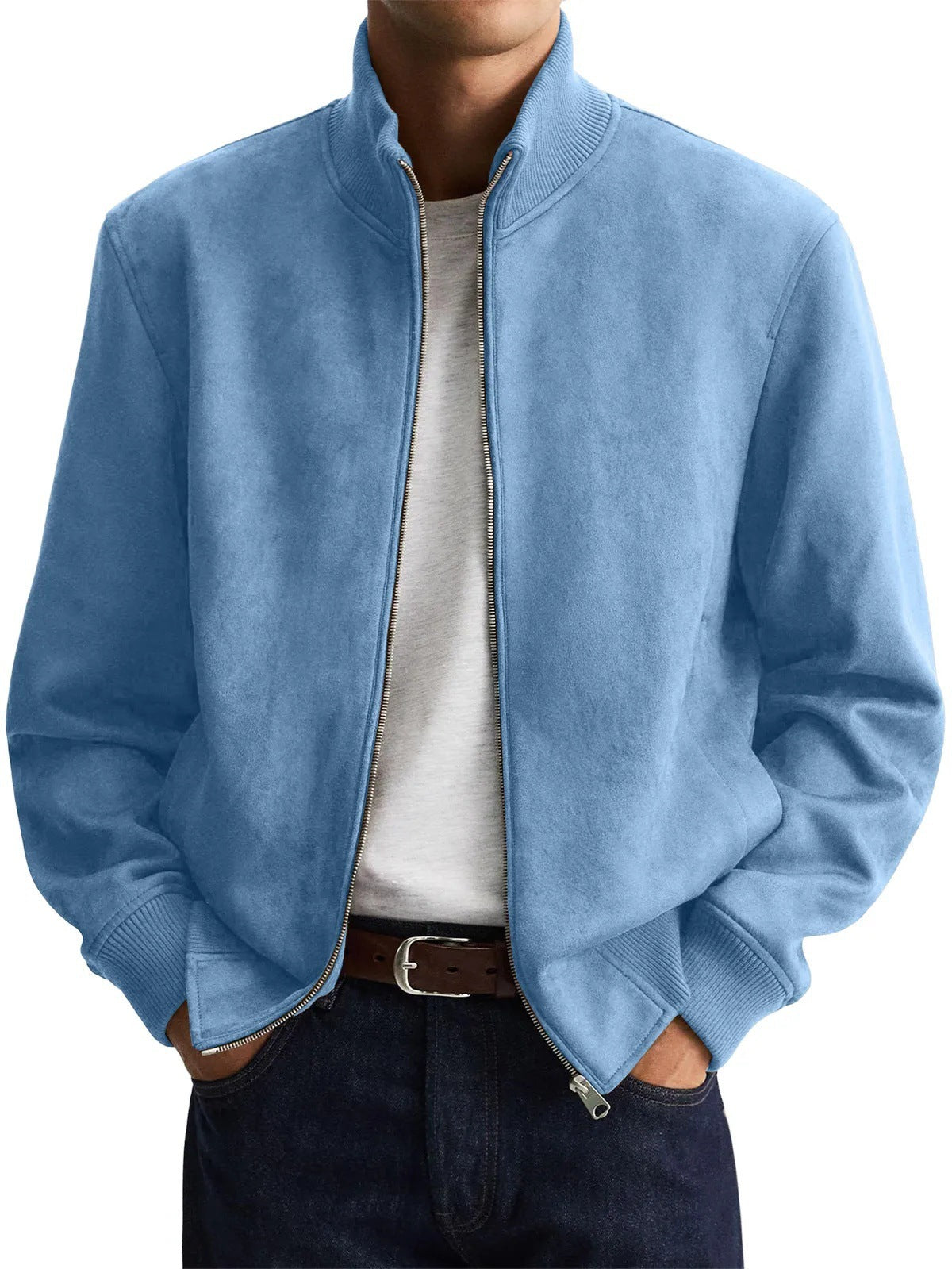 Giacca Uomo Effetto Camoscio con Collo Alto Azzurro