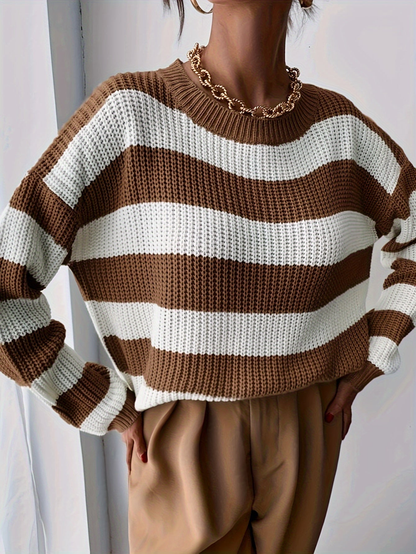 Maglione Donna a Righe Larghe in Maglia Grossa – Caramello e Bianco