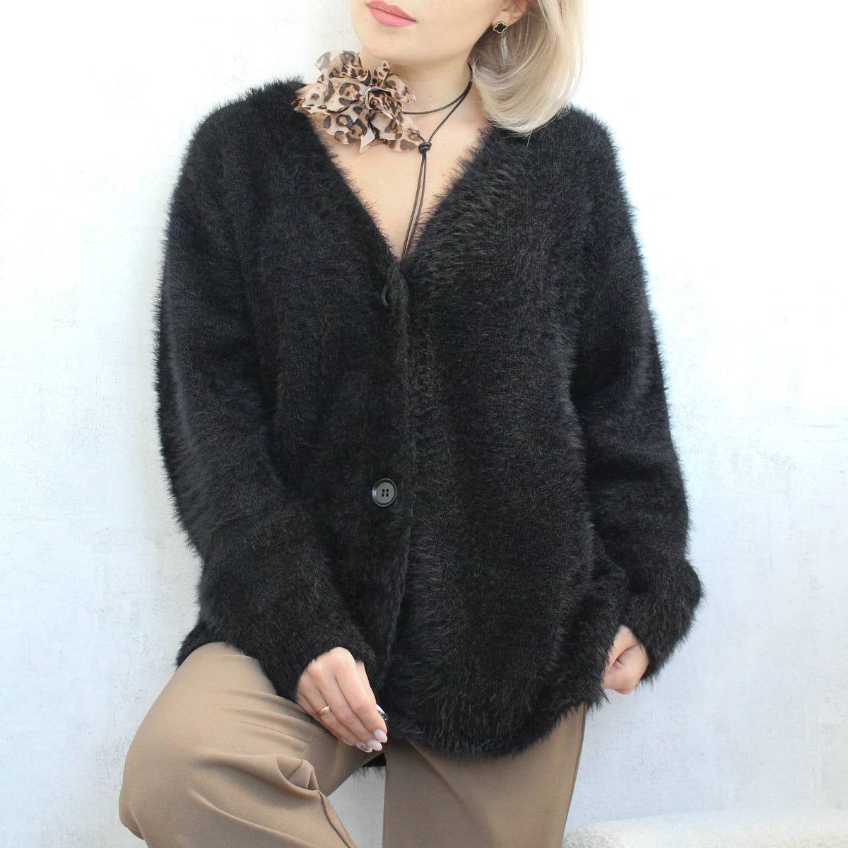 Soft fuzzy knit cardigan in black
