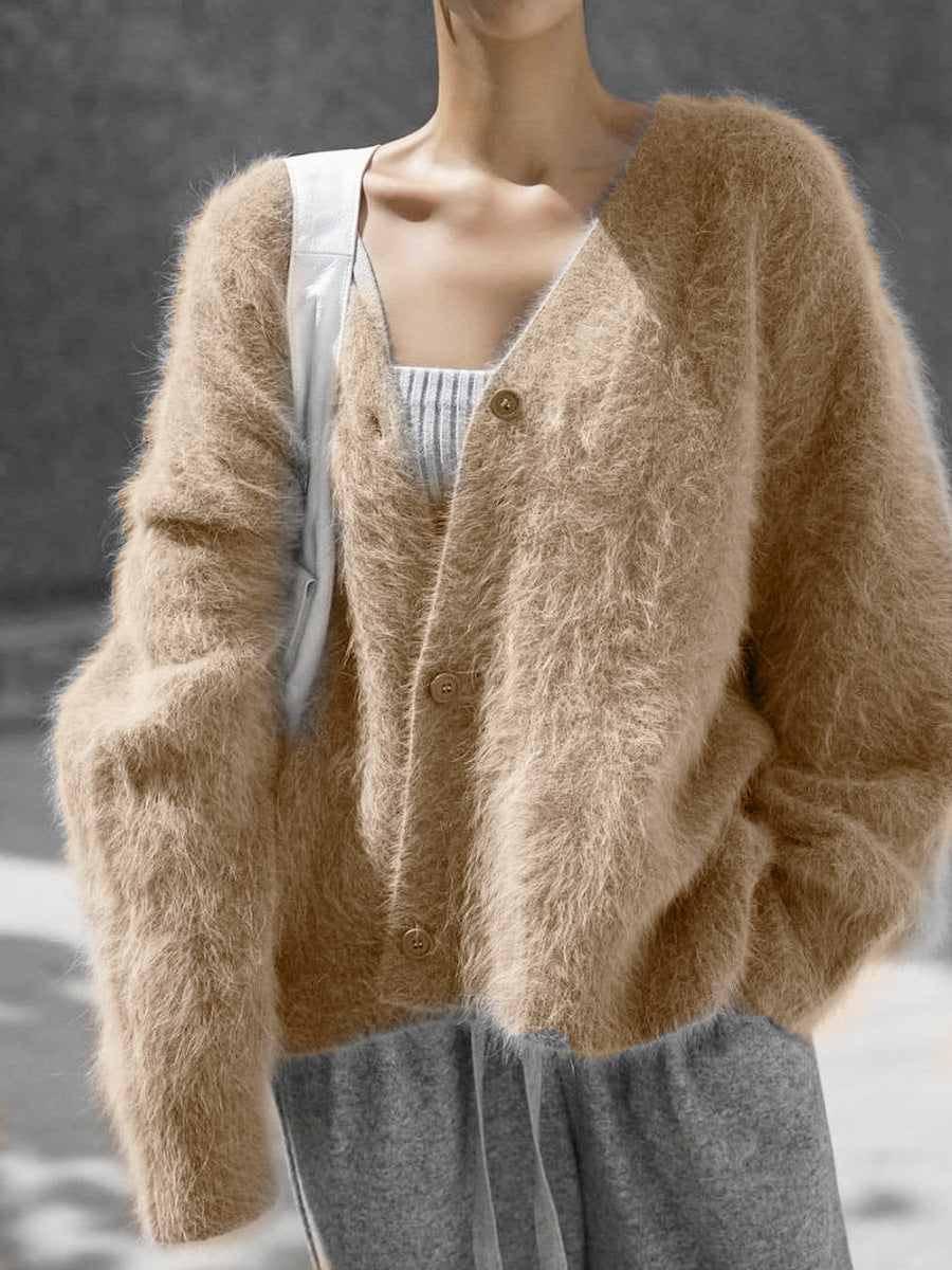 Soft fuzzy knit cardigan in caramel