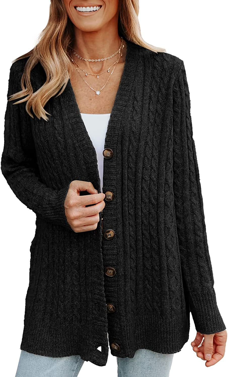 Cable knit button cardigan in black