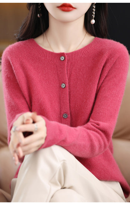 Wool knit cardigan in raspberry