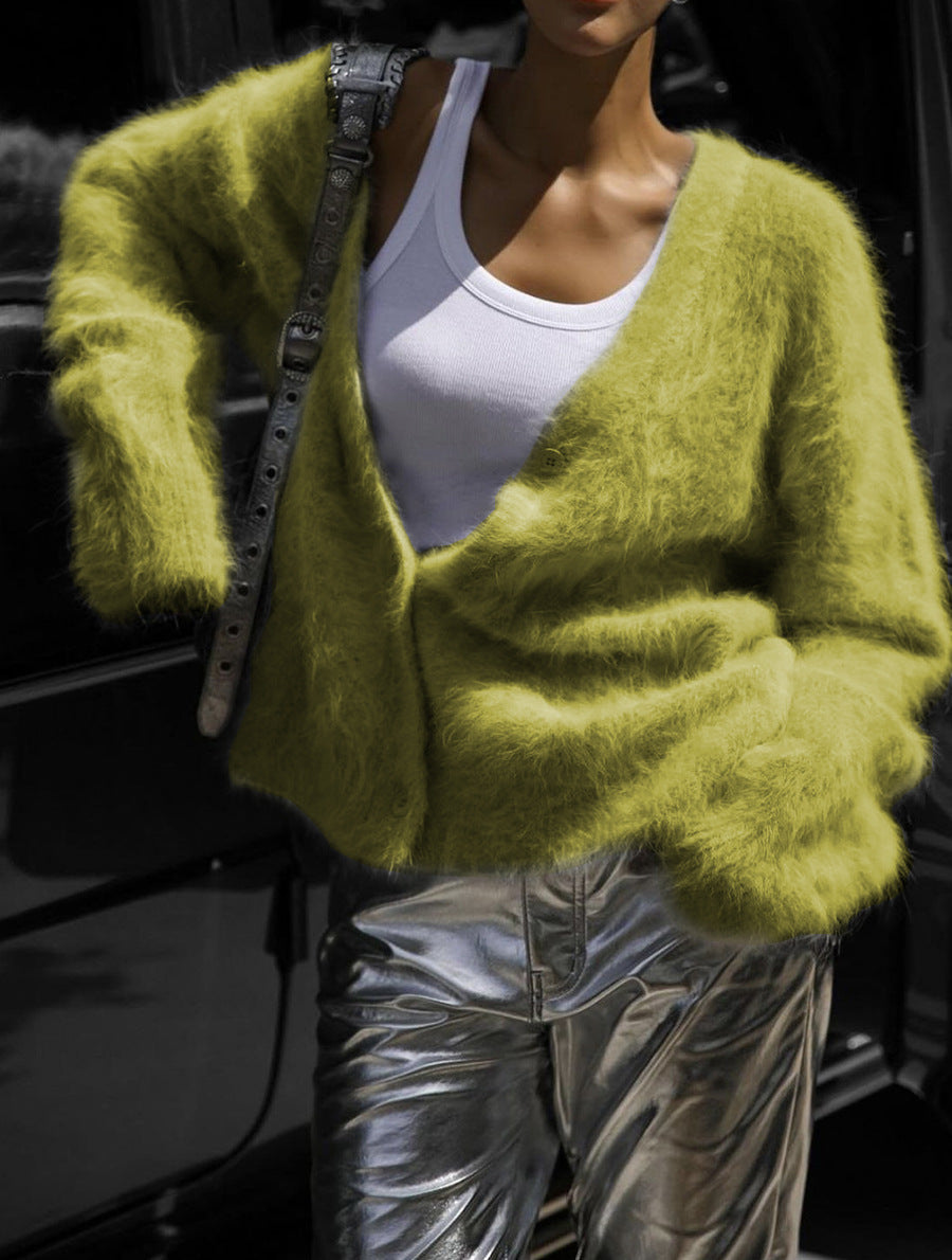 Soft fuzzy knit cardigan in mustard