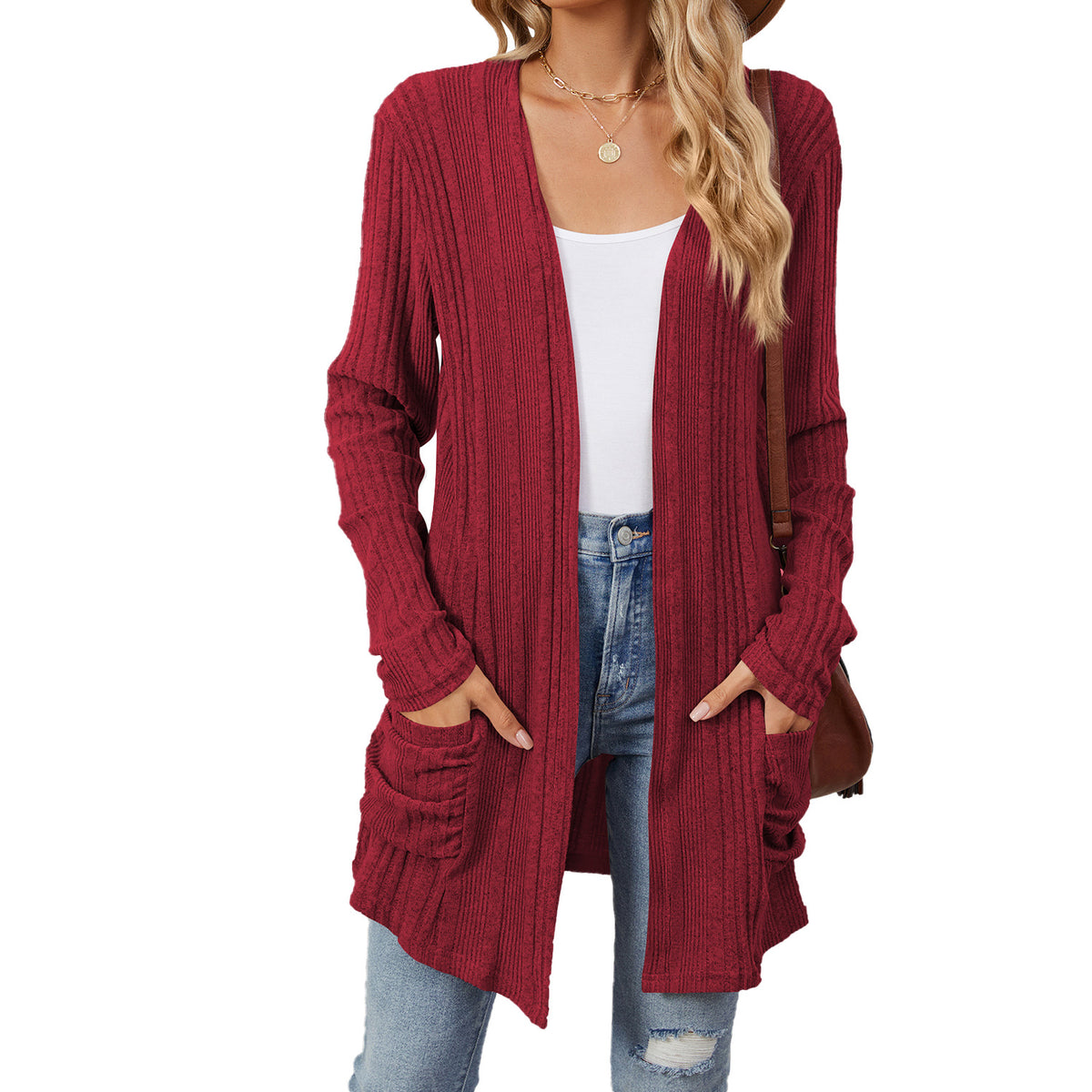 Ribbed pocket cardigan in wine red