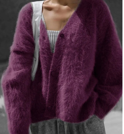 Soft fuzzy knit cardigan in plum
