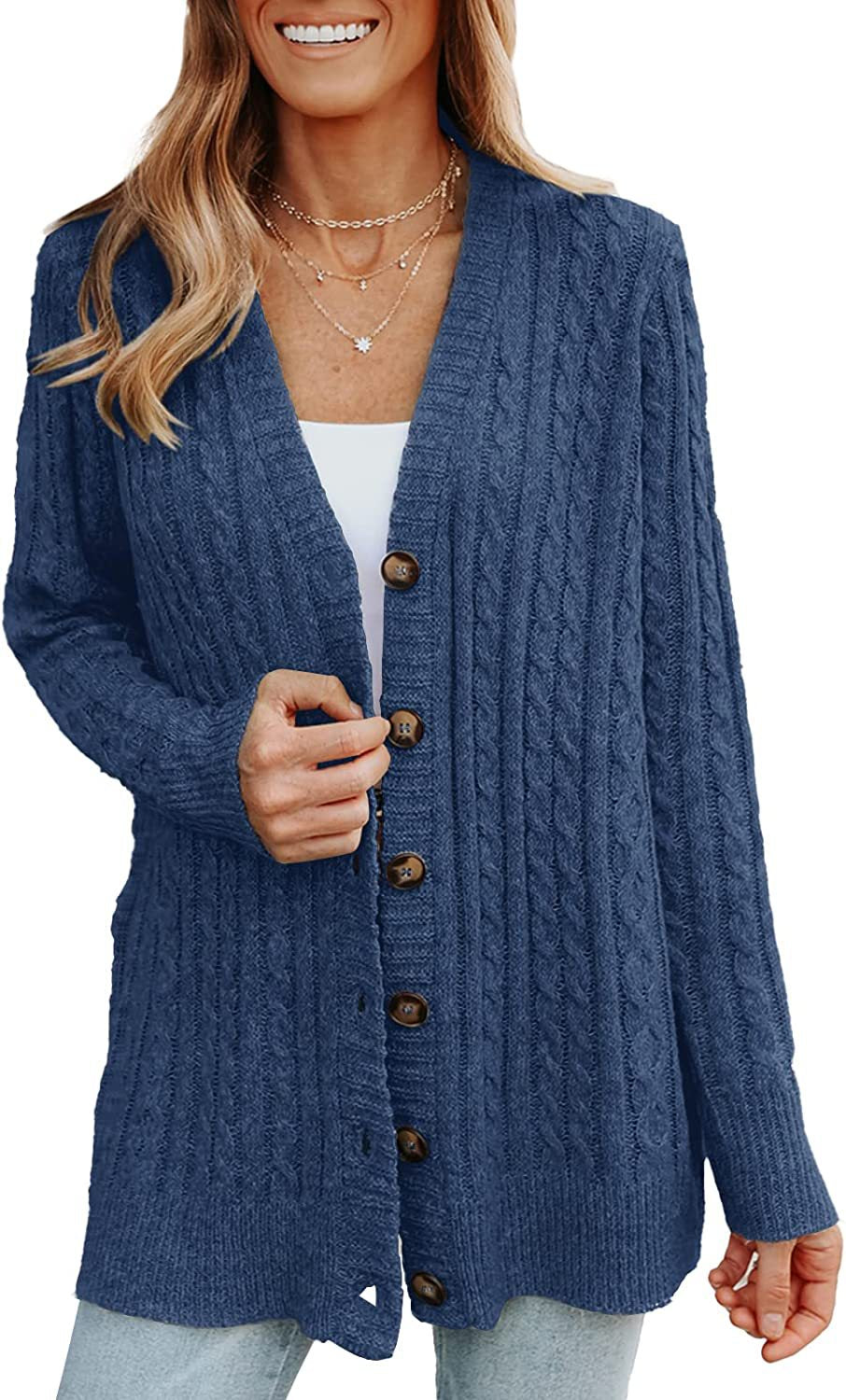 Cable knit button cardigan in navy