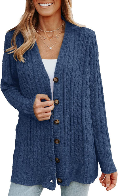 Cable knit button cardigan in navy