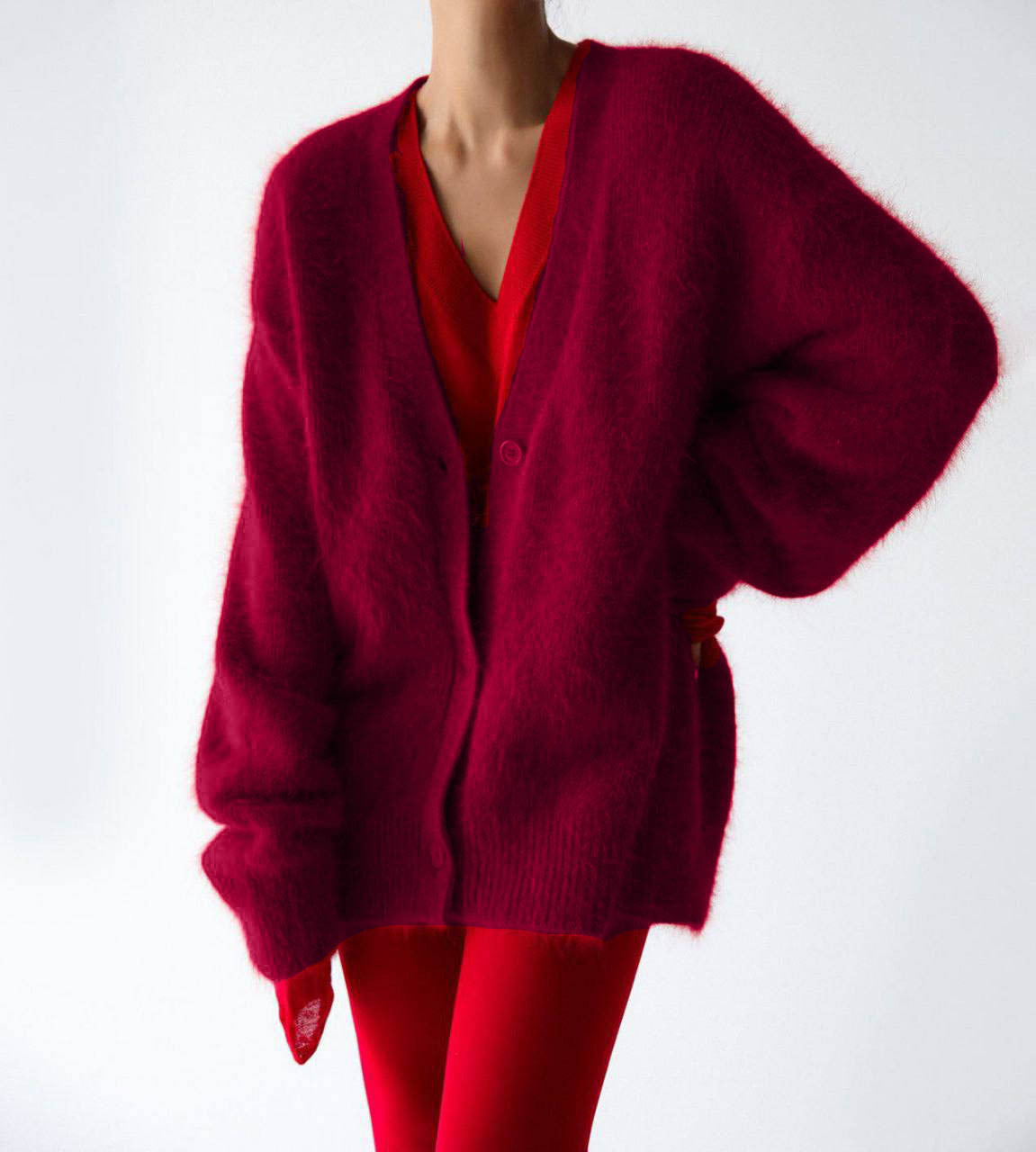 Soft fuzzy knit cardigan in wine red