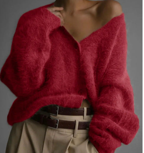 Soft fuzzy knit cardigan in coral