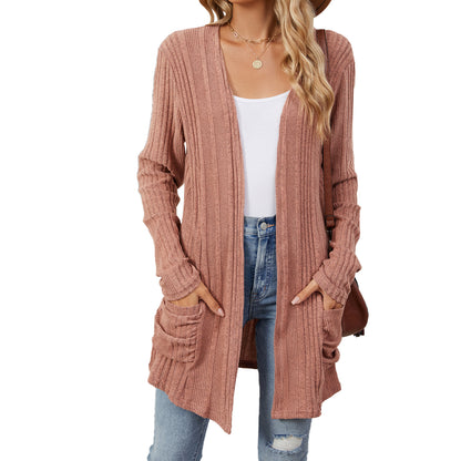 Ribbed pocket cardigan in brick red