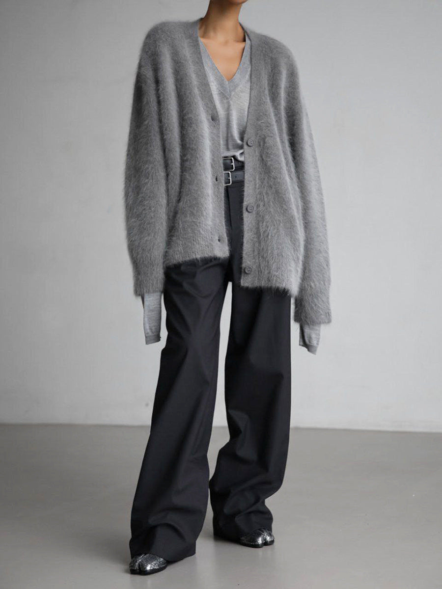 Soft fuzzy knit cardigan in dark grey