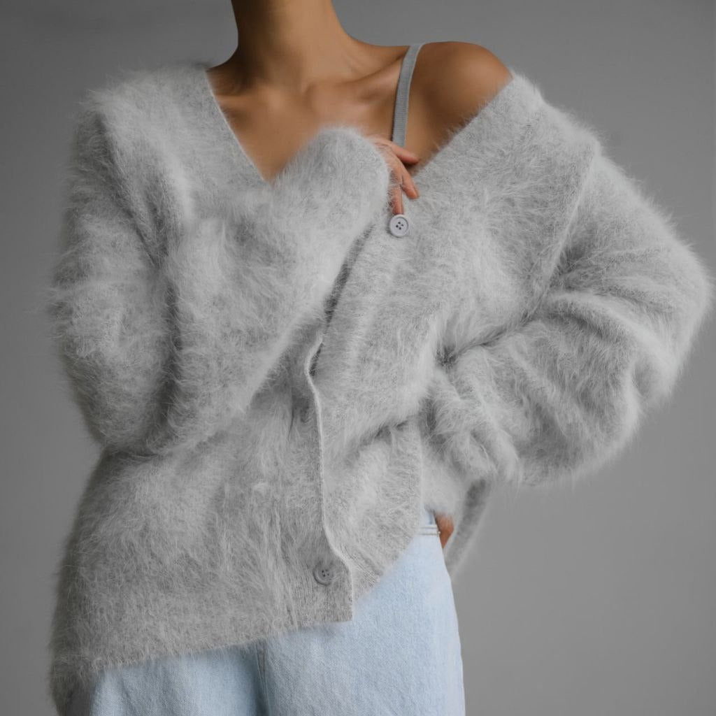 Soft fuzzy knit cardigan in light grey