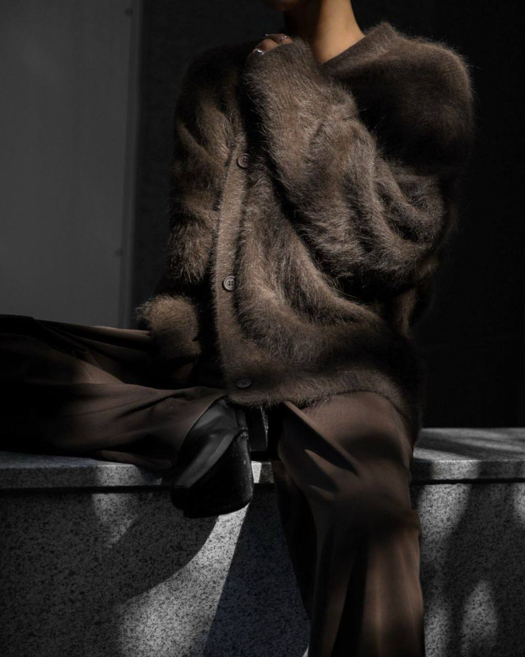 Soft fuzzy knit cardigan in dark brown