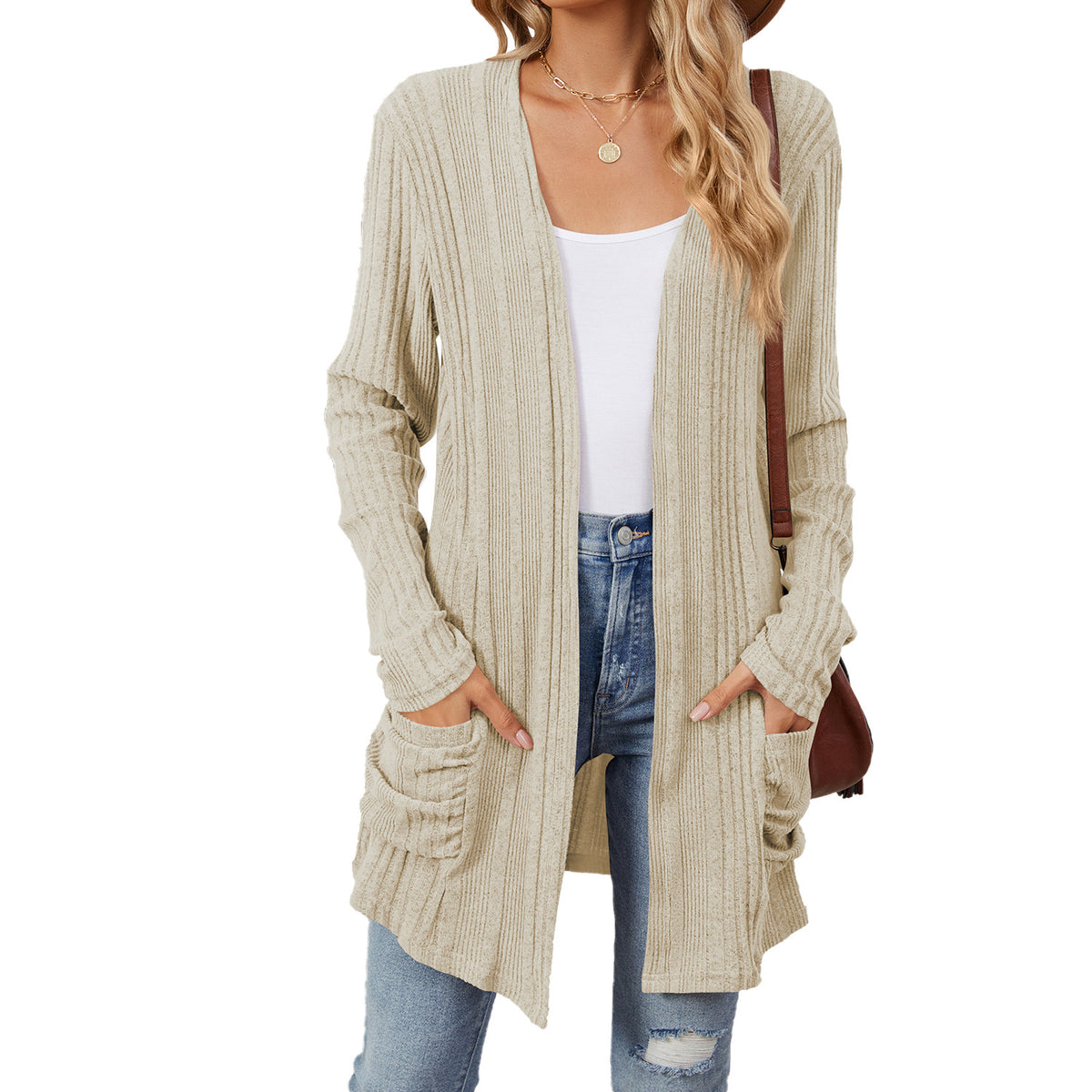 Ribbed pocket cardigan in apricot