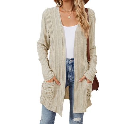 Ribbed pocket cardigan in apricot