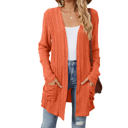 Ribbed pocket cardigan in orange