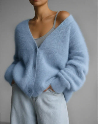 Soft fuzzy knit cardigan in blue