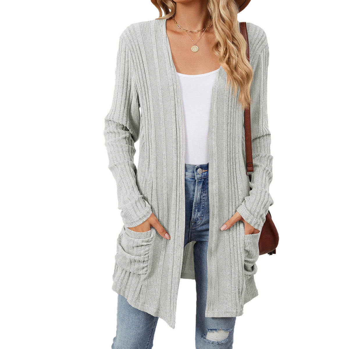Ribbed pocket cardigan in light grey