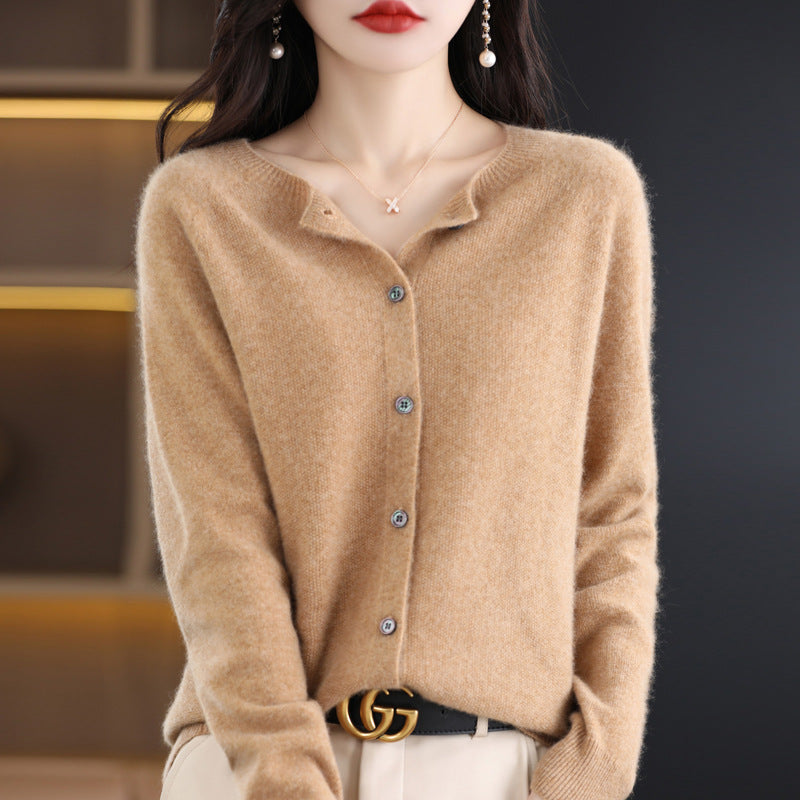 Wool knit cardigan in camel