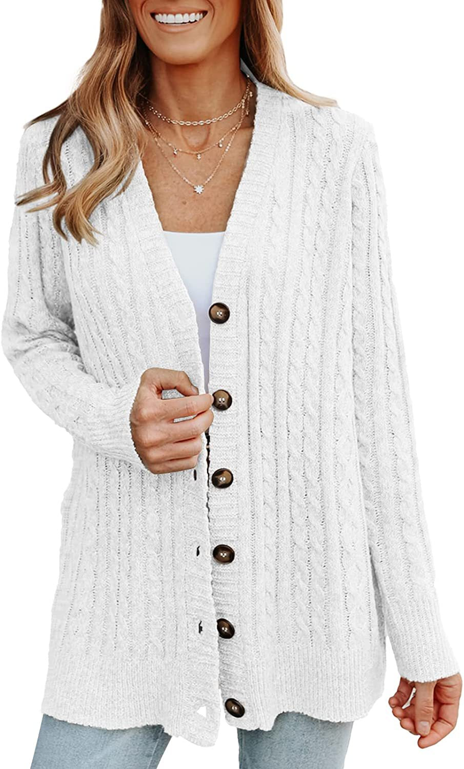 Cable knit button cardigan in white