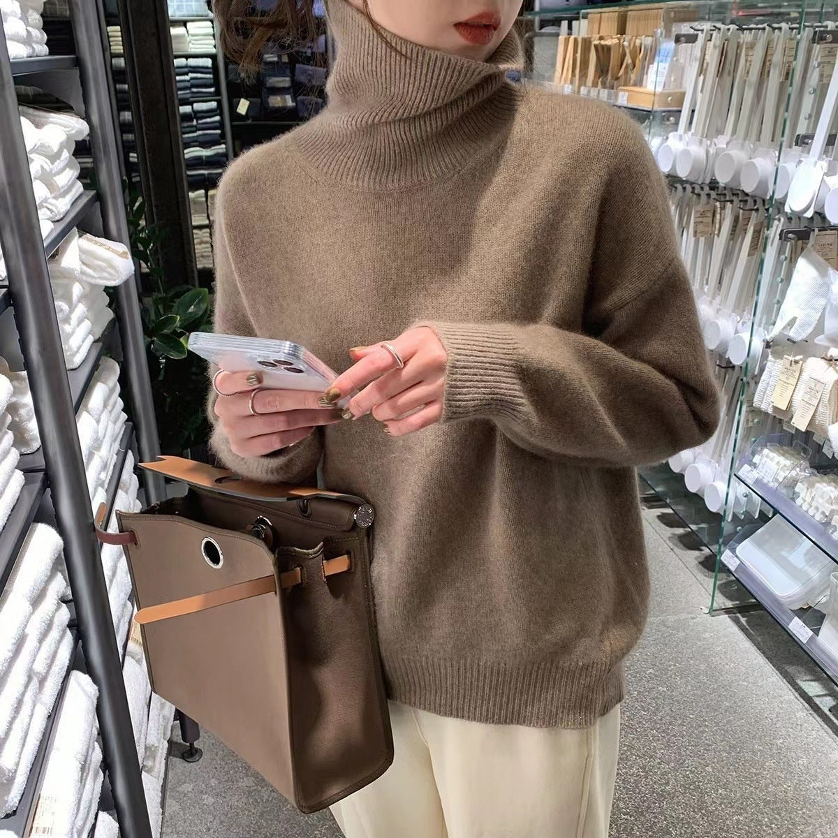 Turtleneck pullover sweater in brown