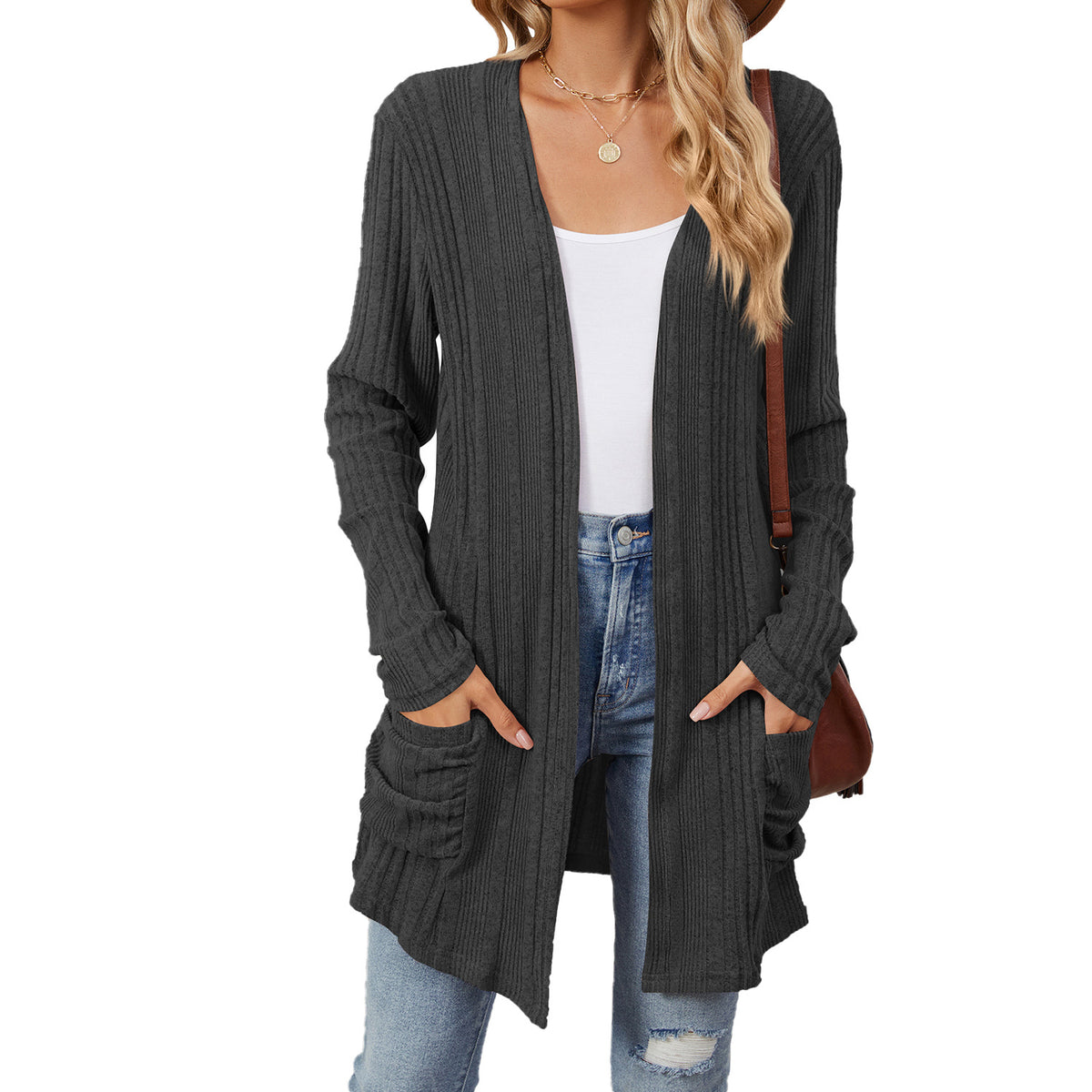 Ribbed pocket cardigan in dark grey
