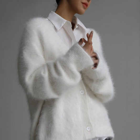Soft fuzzy knit cardigan in cream