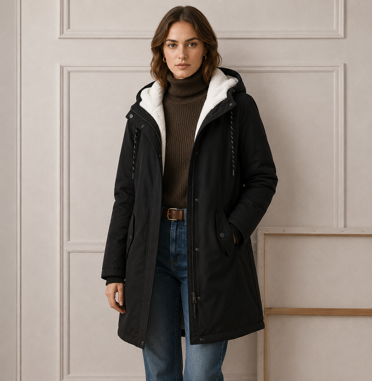 Parka Lungo Donna con Cappuccio e Interno Felpato – Nero