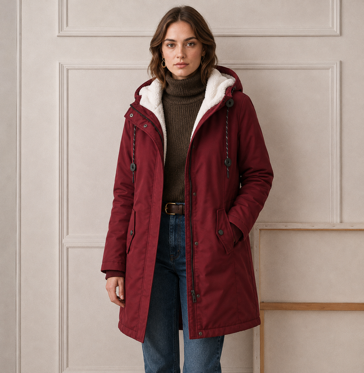 Parka Lungo Donna con Cappuccio e Interno Felpato – Bordeaux