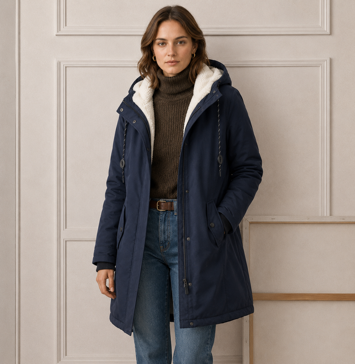 Parka Lungo Donna con Cappuccio e Interno Felpato – Blu Navy