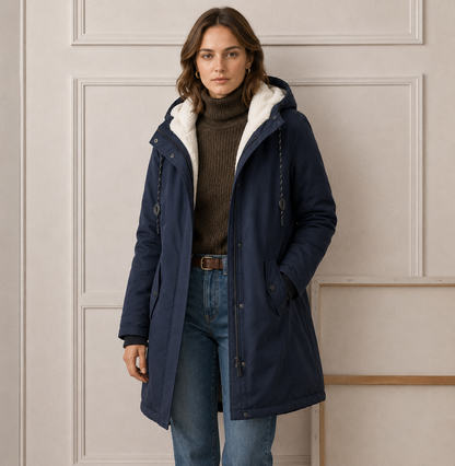 Parka Lungo Donna con Cappuccio e Interno Felpato – Blu Navy