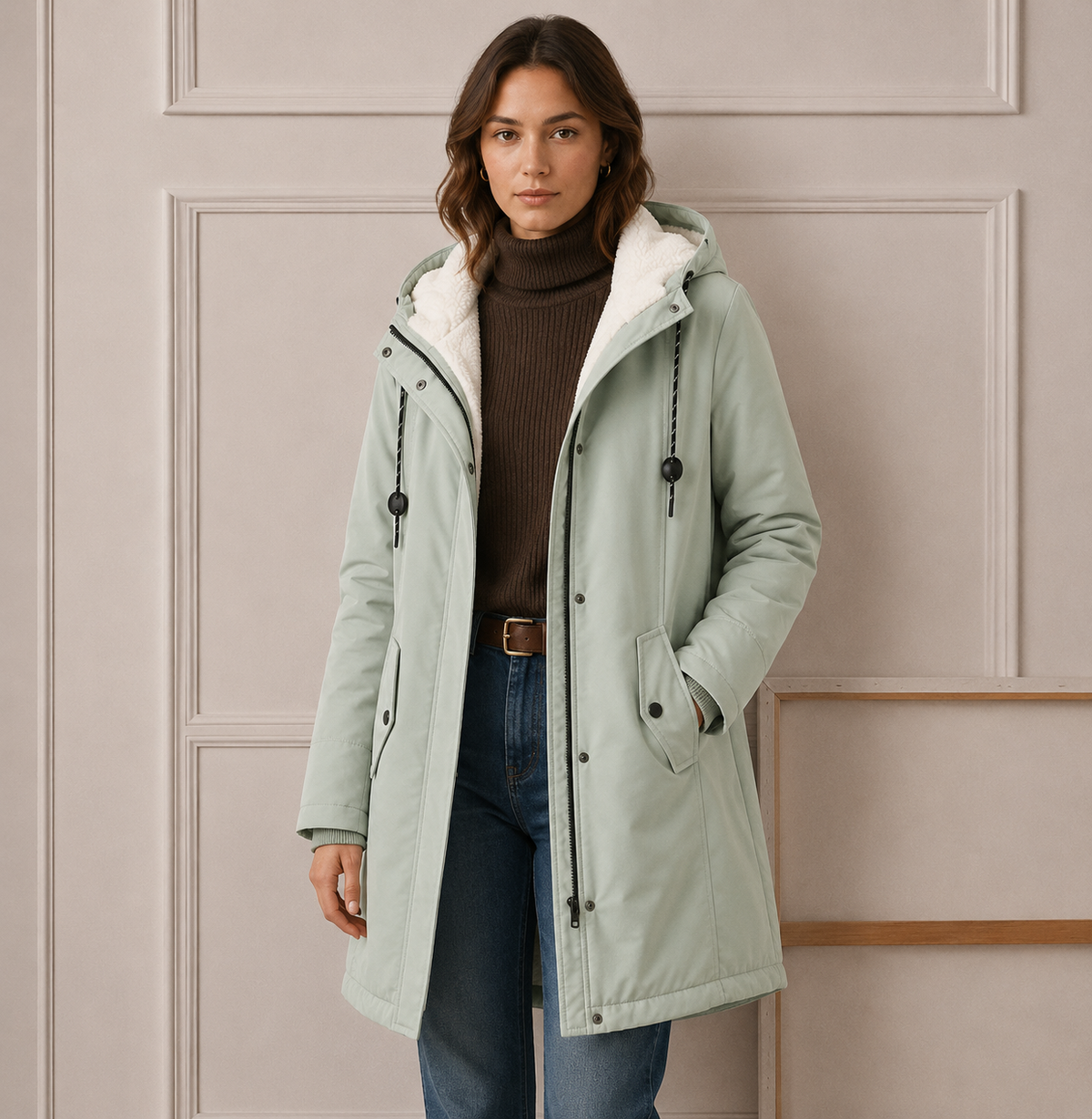 Parka Lungo Donna con Cappuccio e Interno Felpato – Verde Salvia