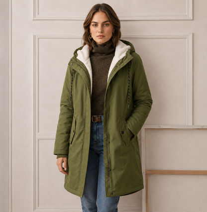 Parka Lungo Donna con Cappuccio e Interno Felpato – Verde Oliva
