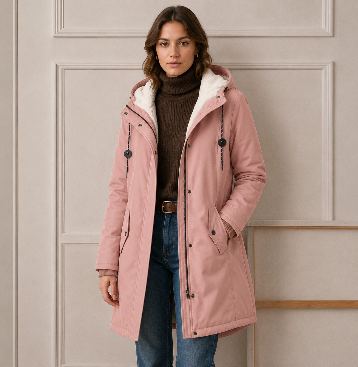 Parka Lungo Donna con Cappuccio e Interno Felpato – Rosa Antico
