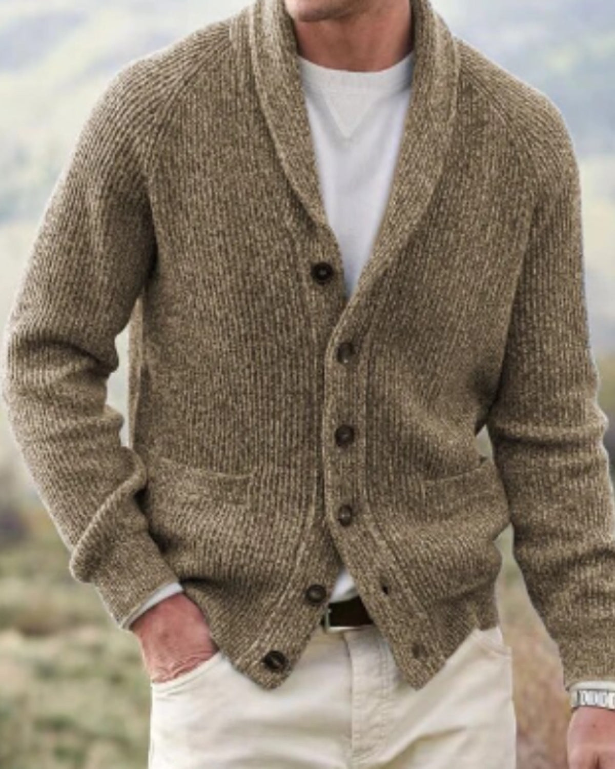 Cardigan Uomo con Collo a Scialle Cammello
