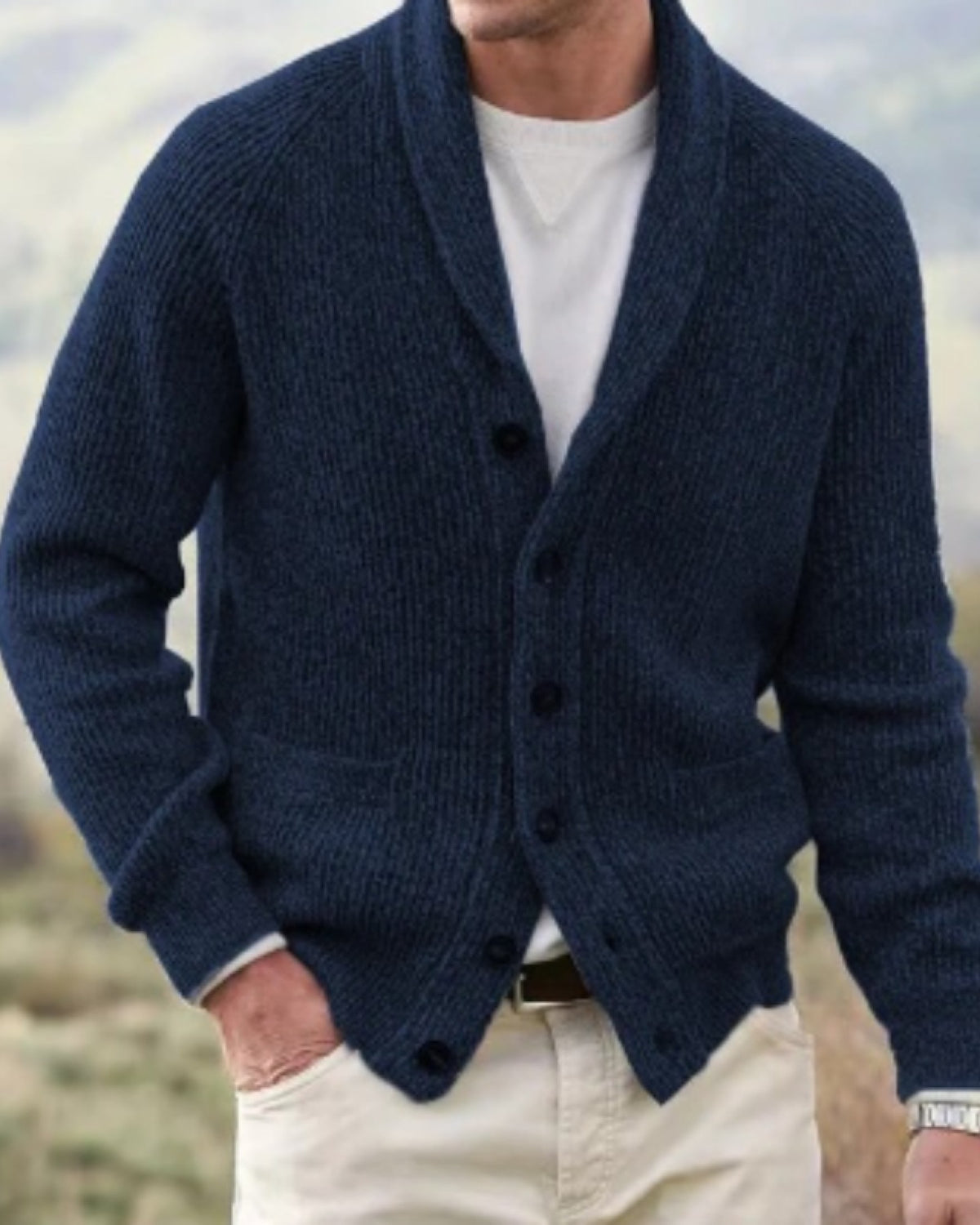 Cardigan Uomo con Collo a Scialle Blu Navy