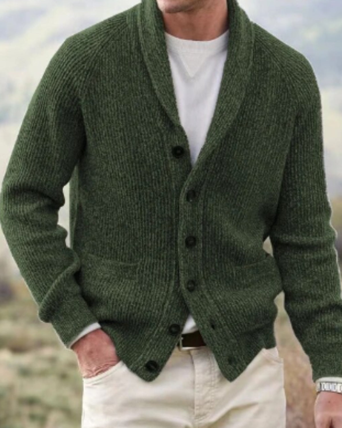 Cardigan Uomo con Collo a Scialle Verde Oliva