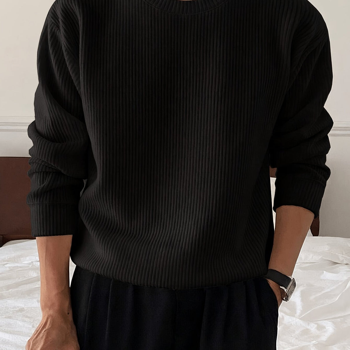 Maglione Uomo Girocollo a Coste Nero